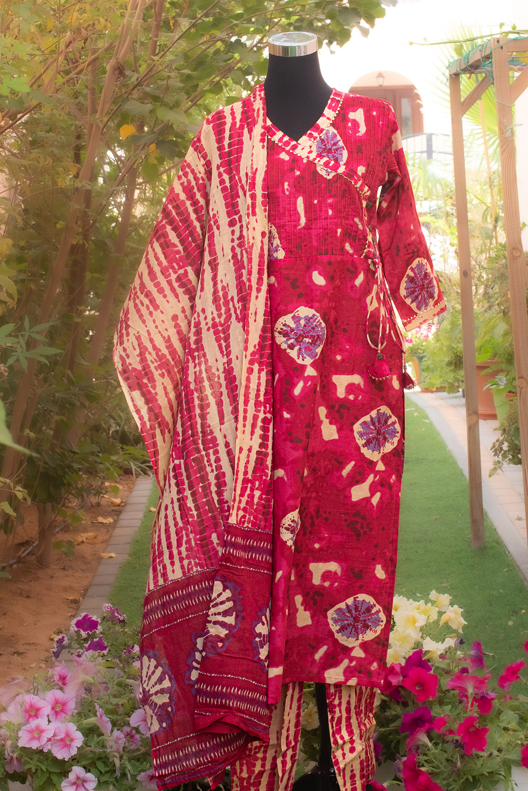RFSS1138 - Frock Style Full suit in Muslin. Comes with Sharara Pants and Chiffon Shibori Dupatta