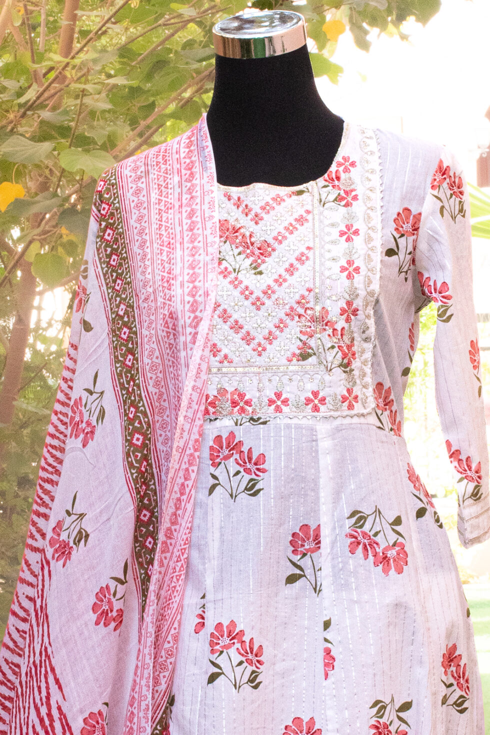 White hand block print Anarkali