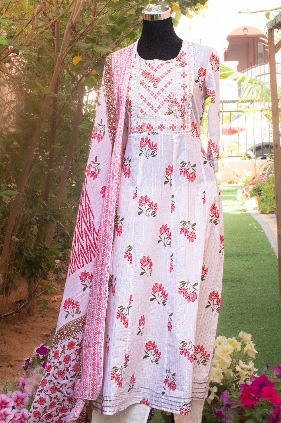 White hand block print Anarkali