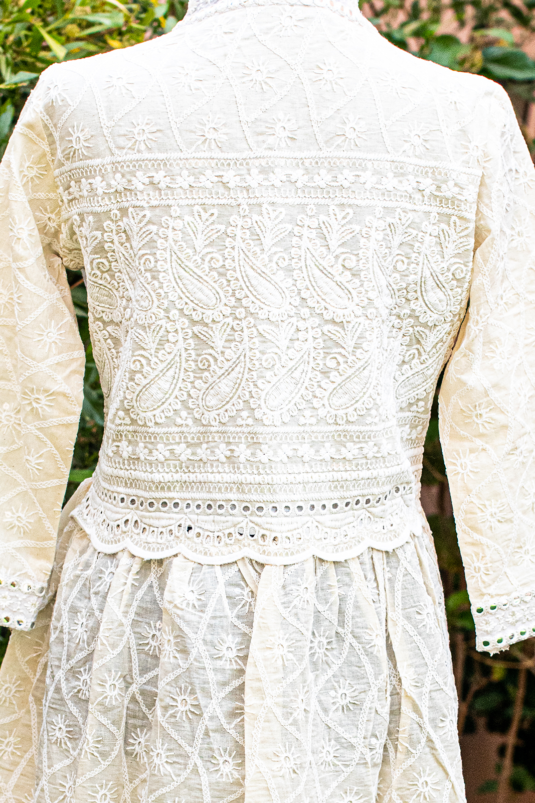 White Schiffli Embroidered Anarkali Kurta with Lace and in round neck with V cut