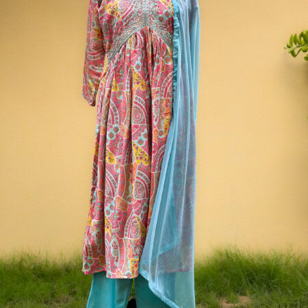 Alia style blue and pink printed Muslin Anarkali