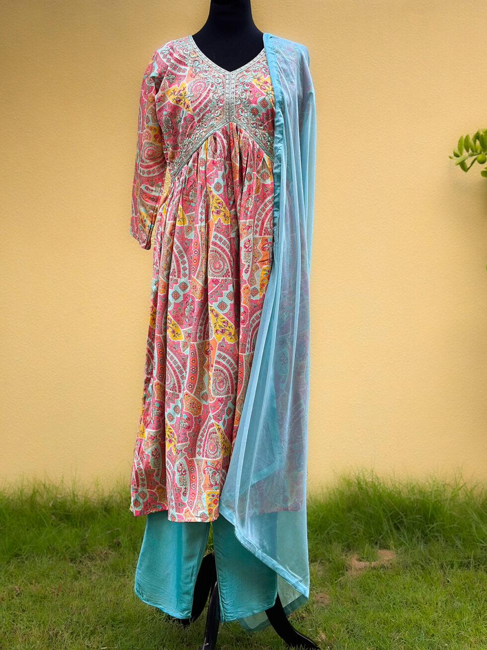 Alia style blue and pink printed Muslin Anarkali