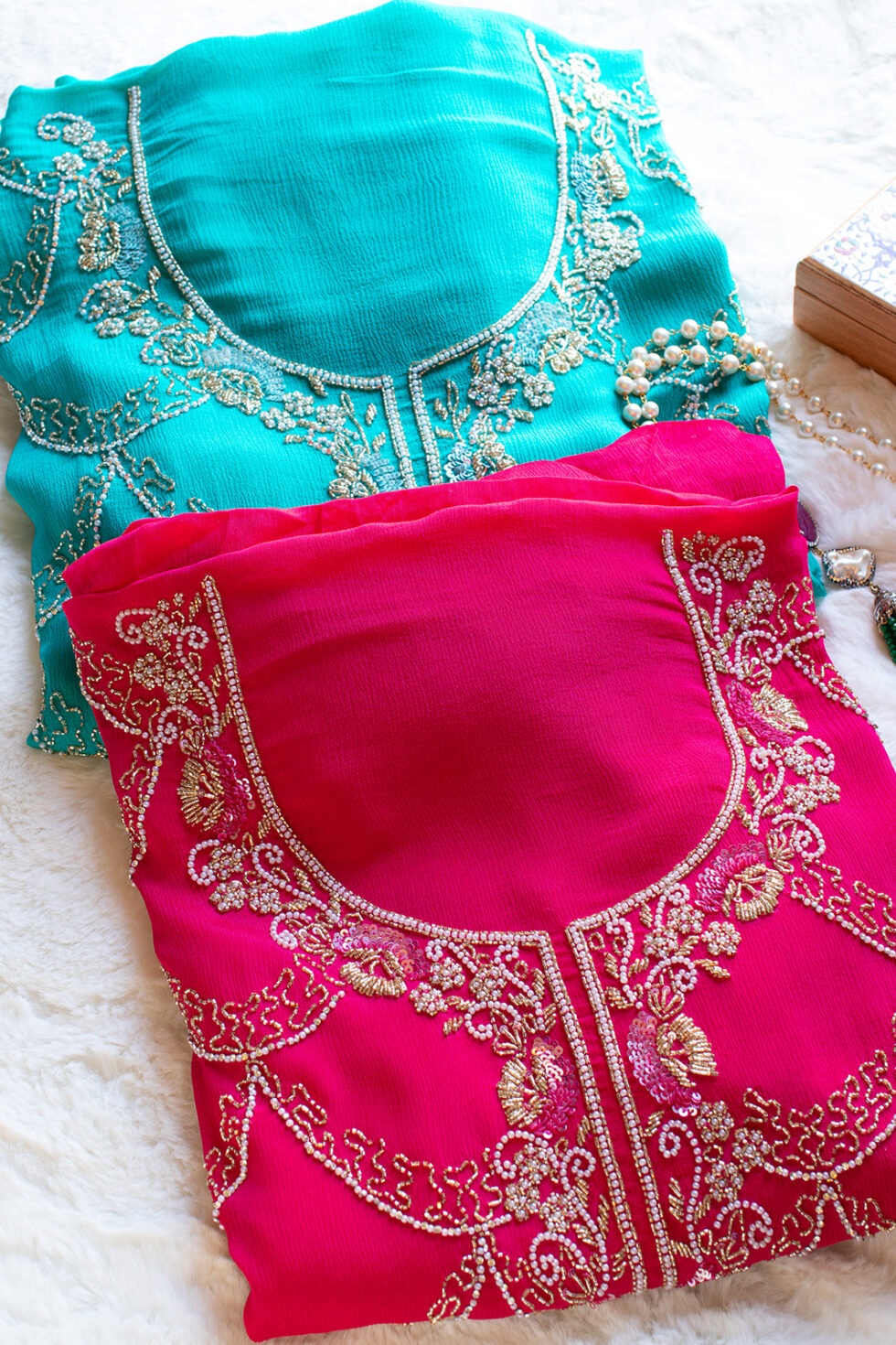 Embroidered Turquoise And Pink Embroidered Chinon Material