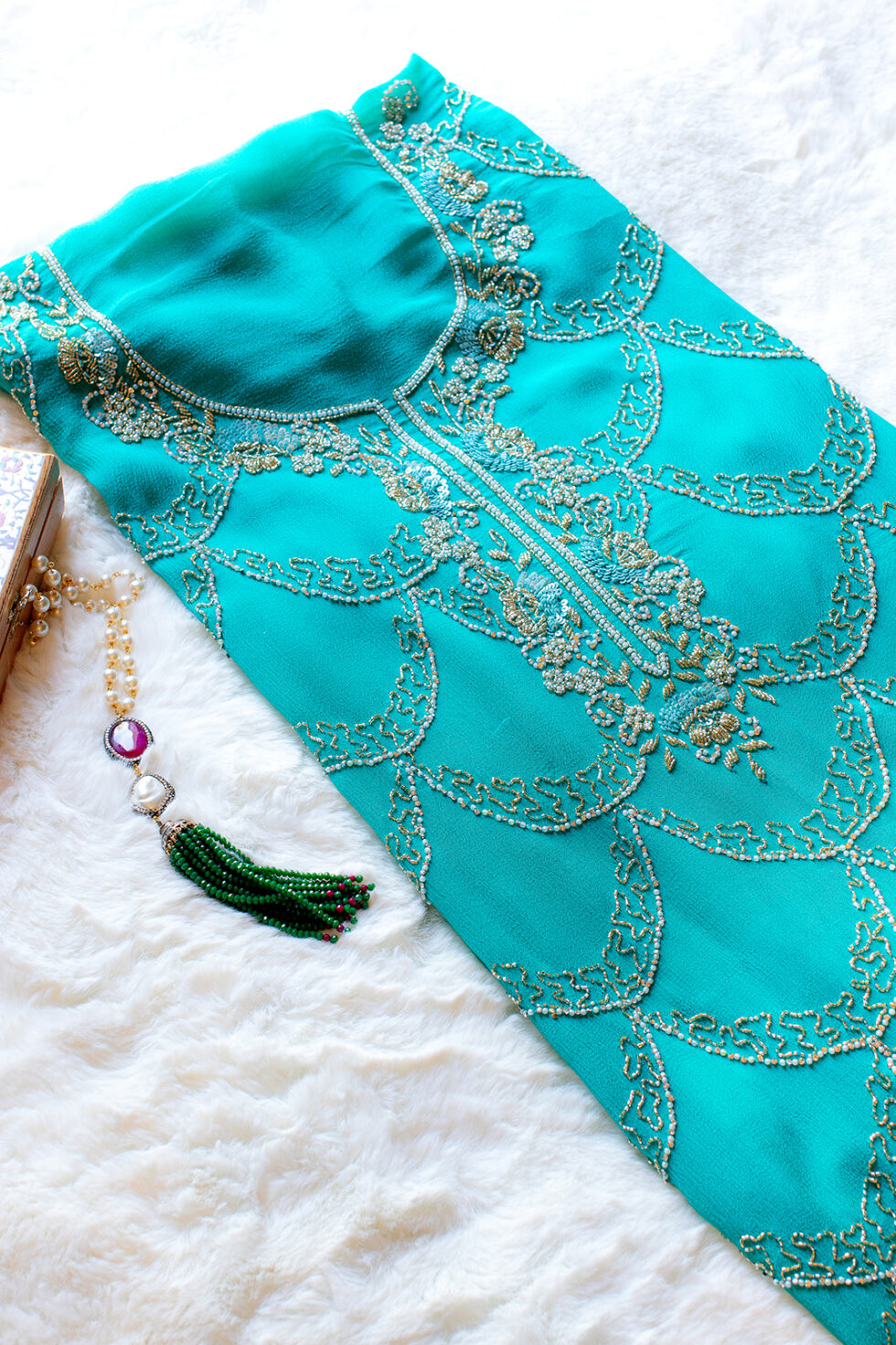 Embroidered Turquoise Embroidered Chinon Material