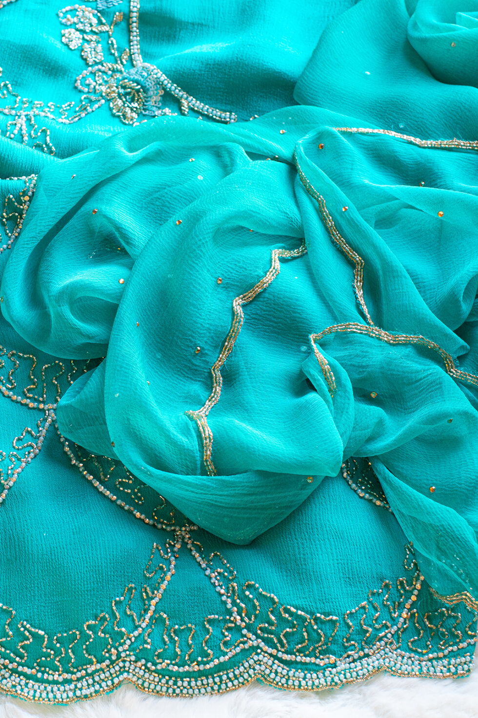 Embroidered Turquoise Embroidered Chinon Material