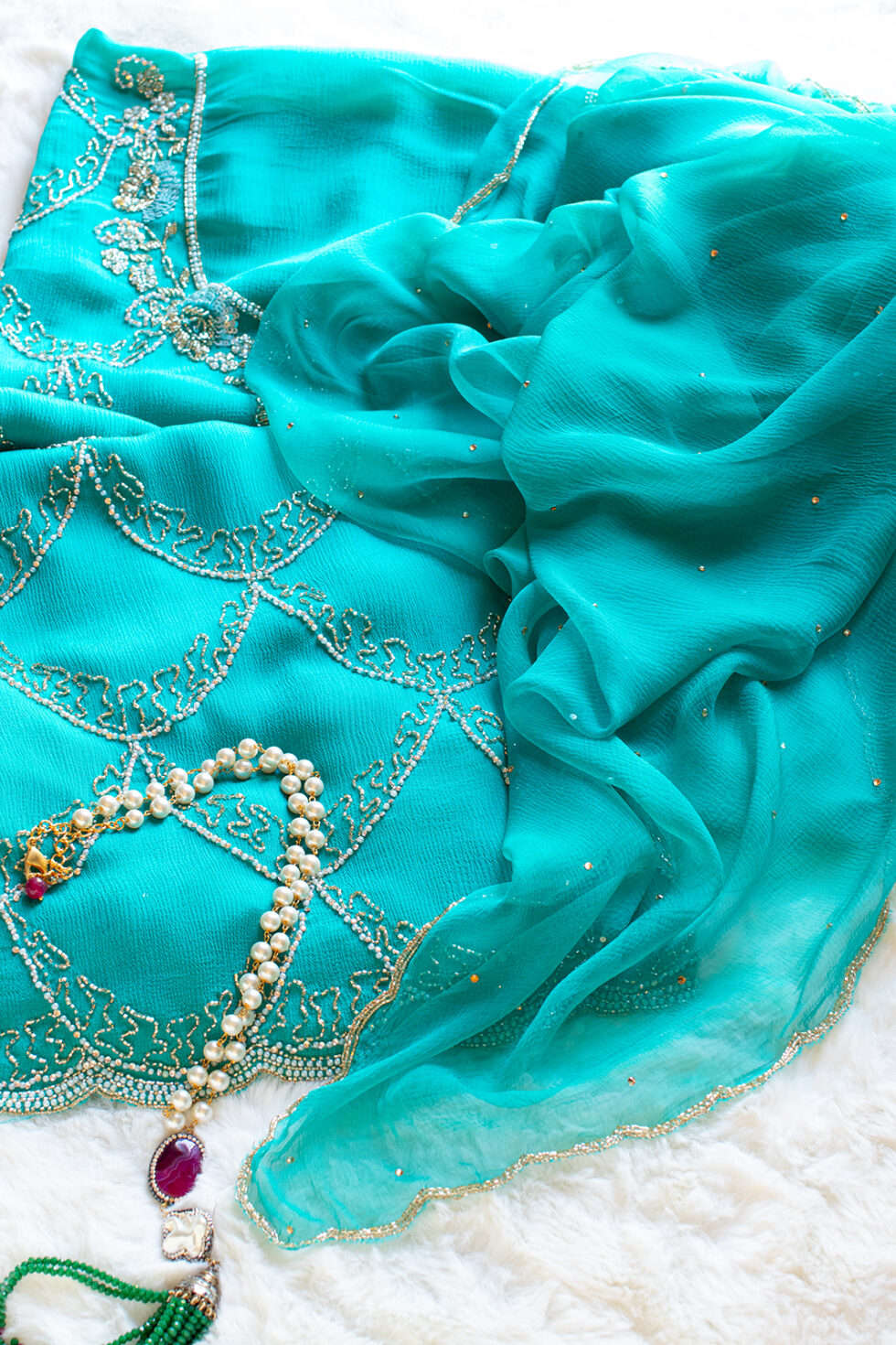 Embroidered Turquoise Embroidered Chinon Material