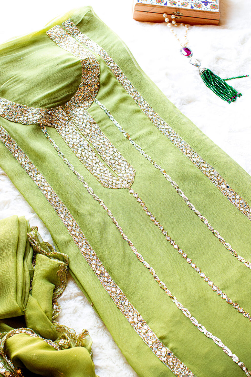 Mehndi green or Henna Georgette Material with heavy mirror work