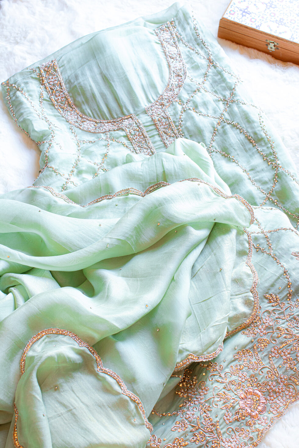 Green Organza Shimmer dress material