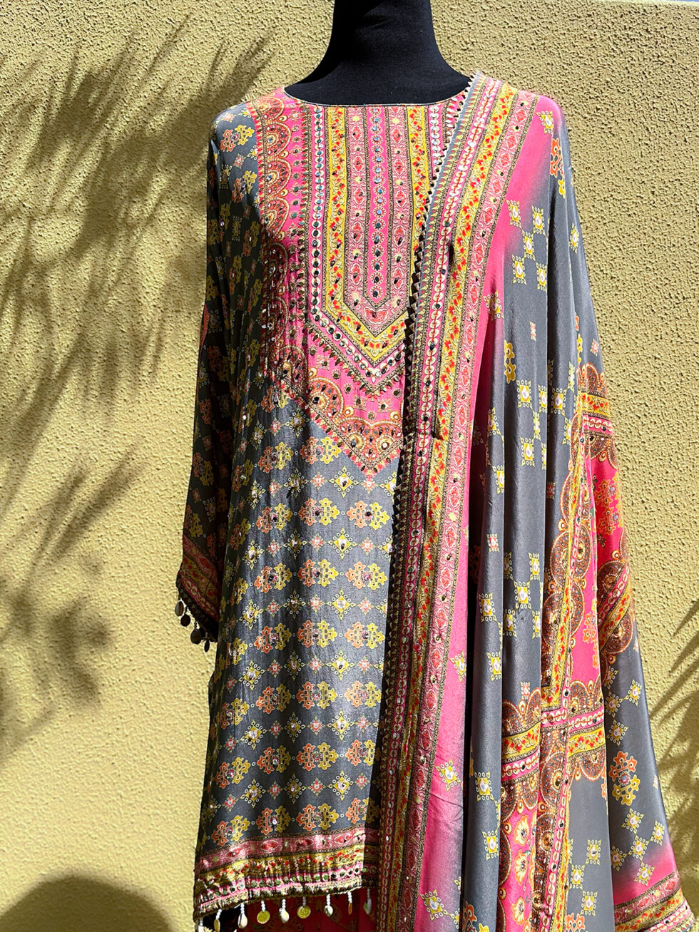 Digital printed Crepe Grey and Pink Sharara