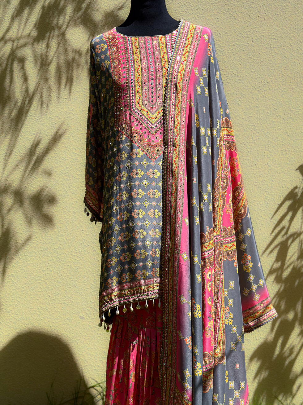 Digital printed Crepe Grey and Pink Sharara