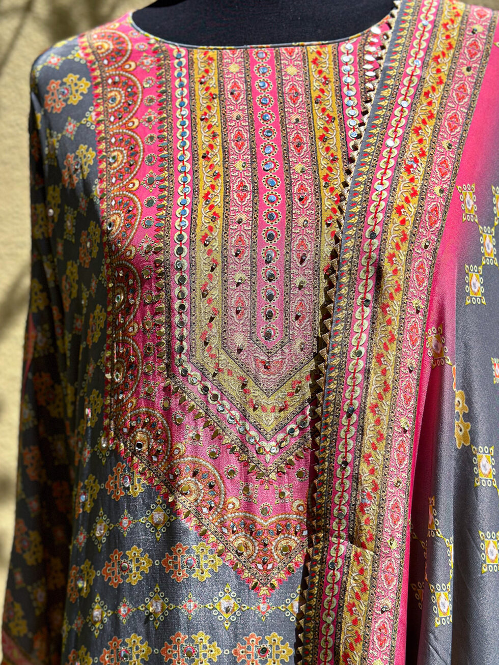 Digital printed Crepe Grey and Pink Sharara