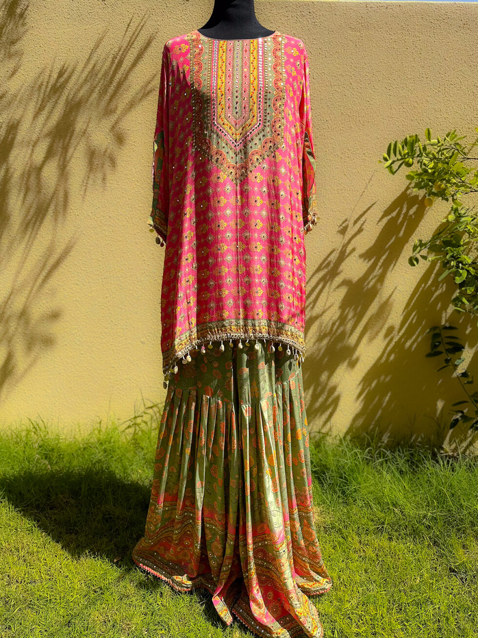 Digital printed Crepe Pink and Green Sharara