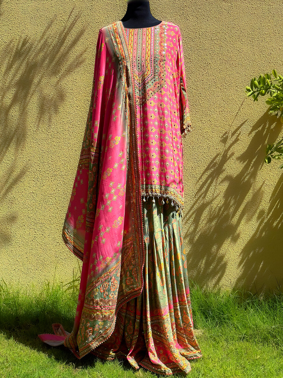 Digital printed Crepe Pink and Green Sharara