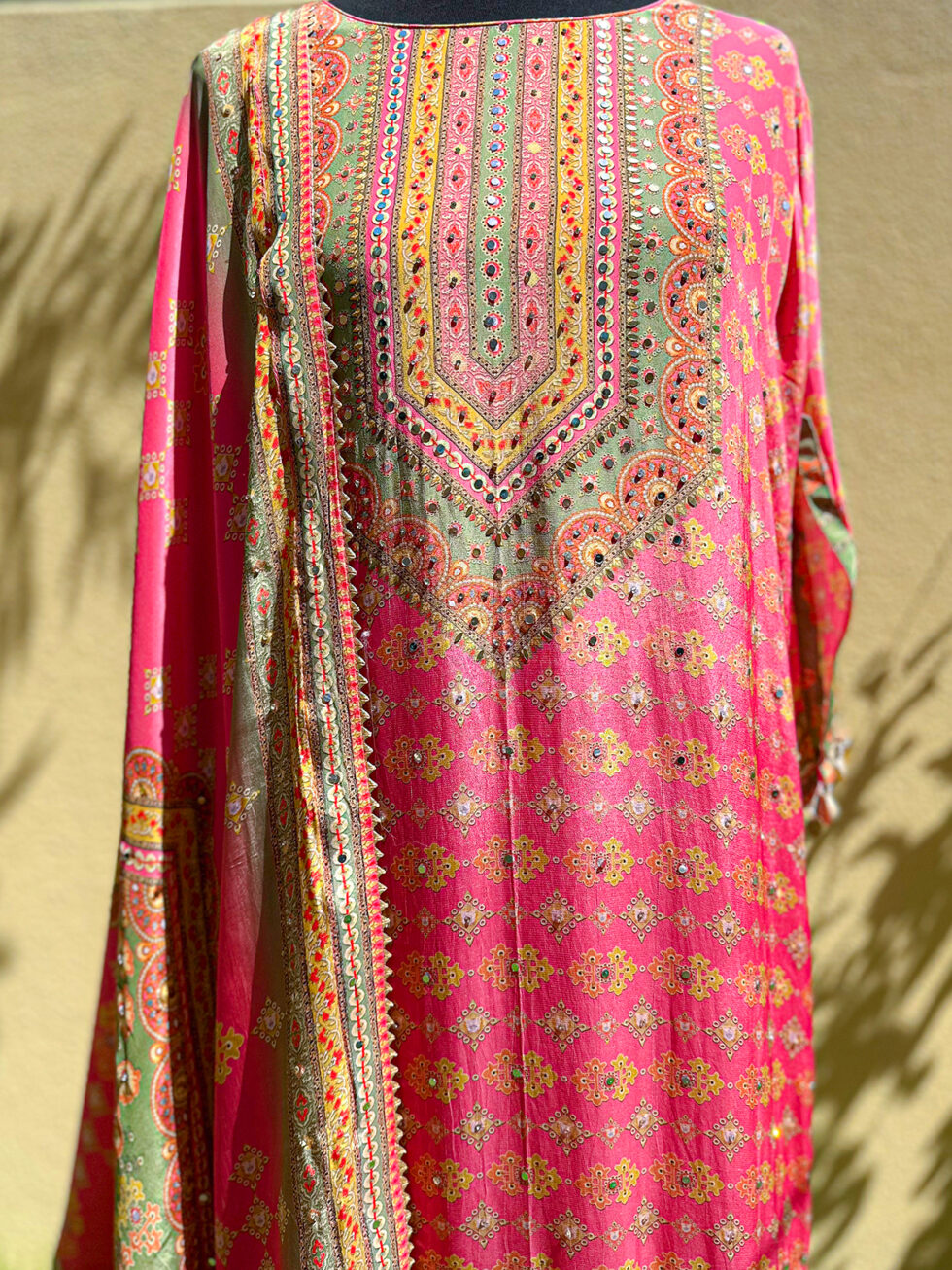 Digital printed Crepe Pink and Green Sharara