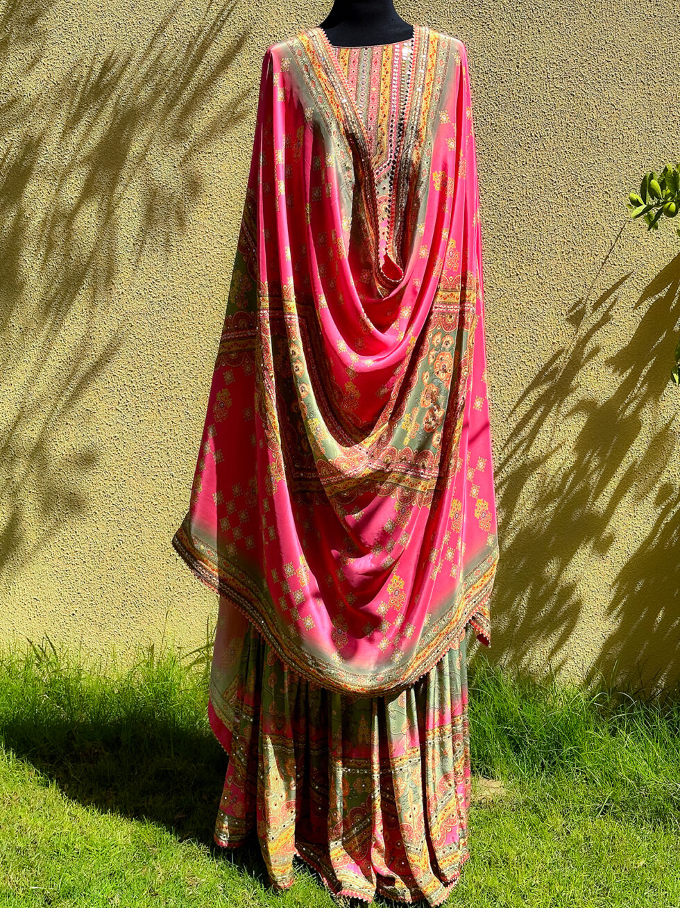 Digital printed Crepe Pink and Green Sharara