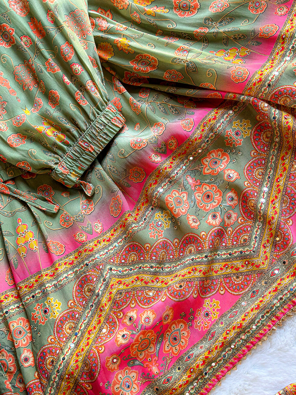 Digital printed Crepe Pink and Green Sharara