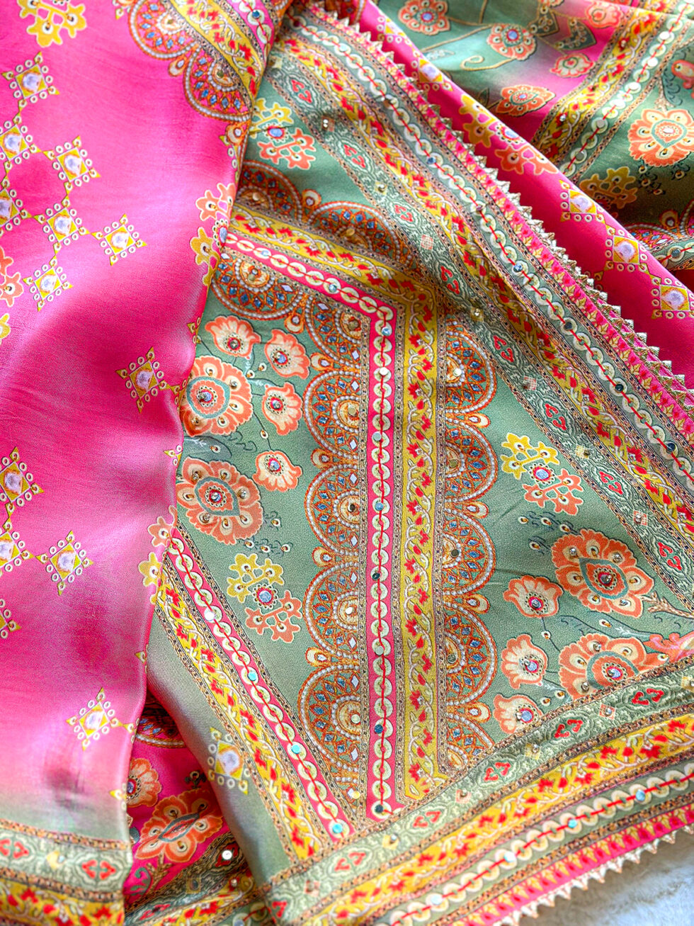 Digital printed Crepe Pink and Green Sharara