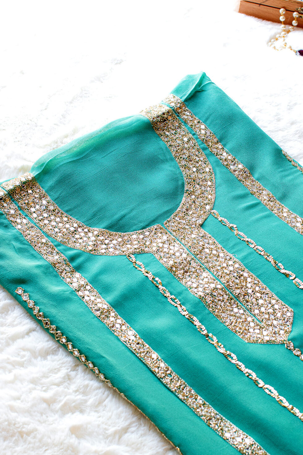 Turquoise Georgette Material with heavy mirror work