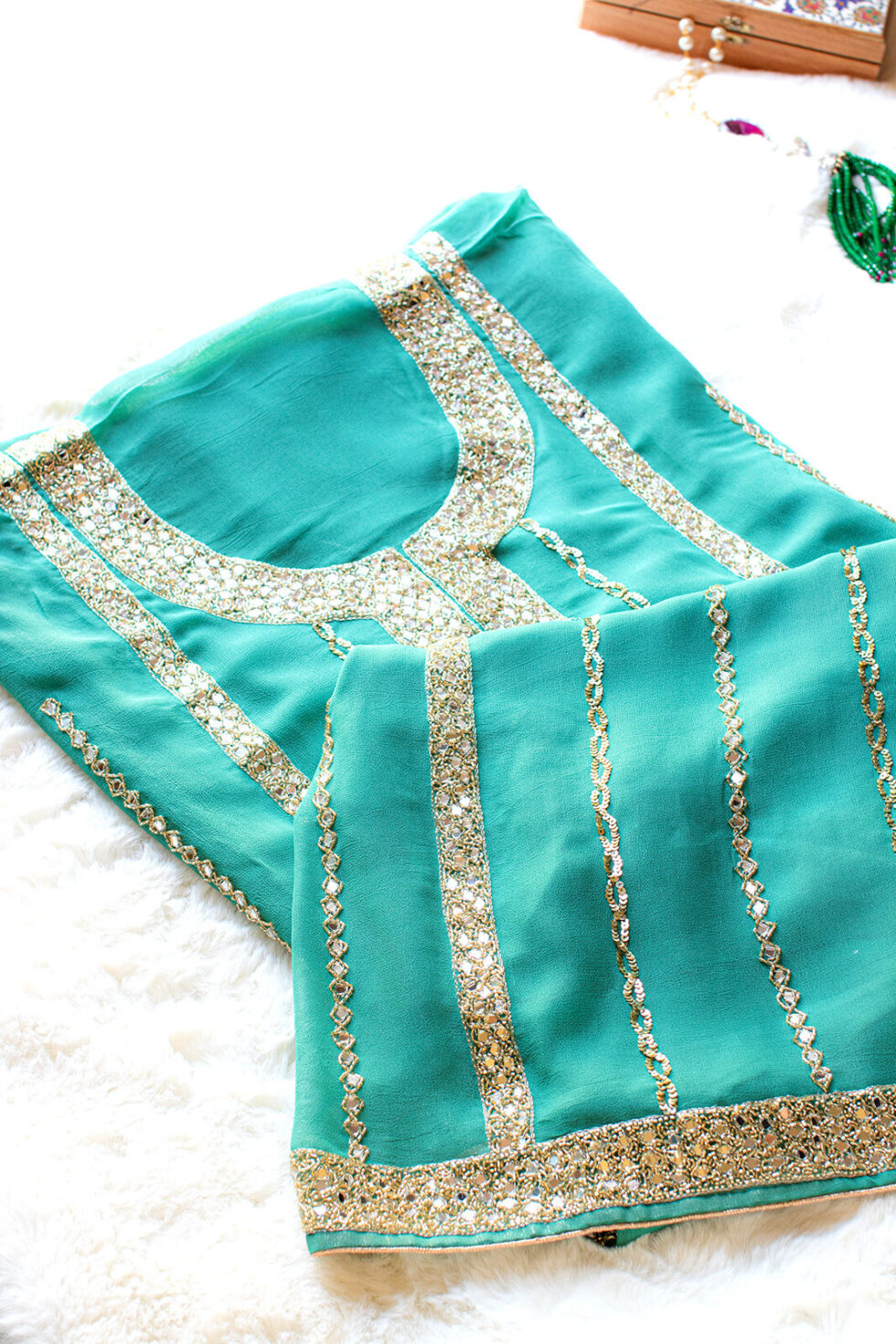 Turquoise Georgette Material with heavy mirror work