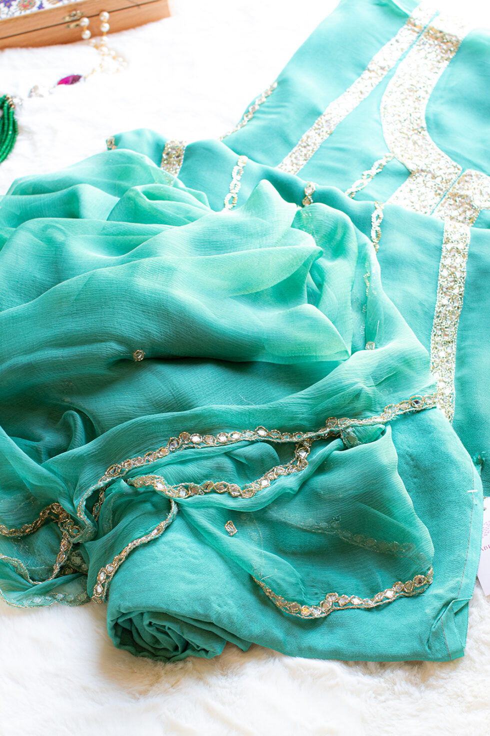 Turquoise Georgette Material with heavy mirror work